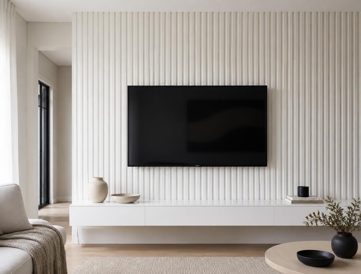 Soft white fluted panel TV wall with a wall-mounted TV above a floating cabinet