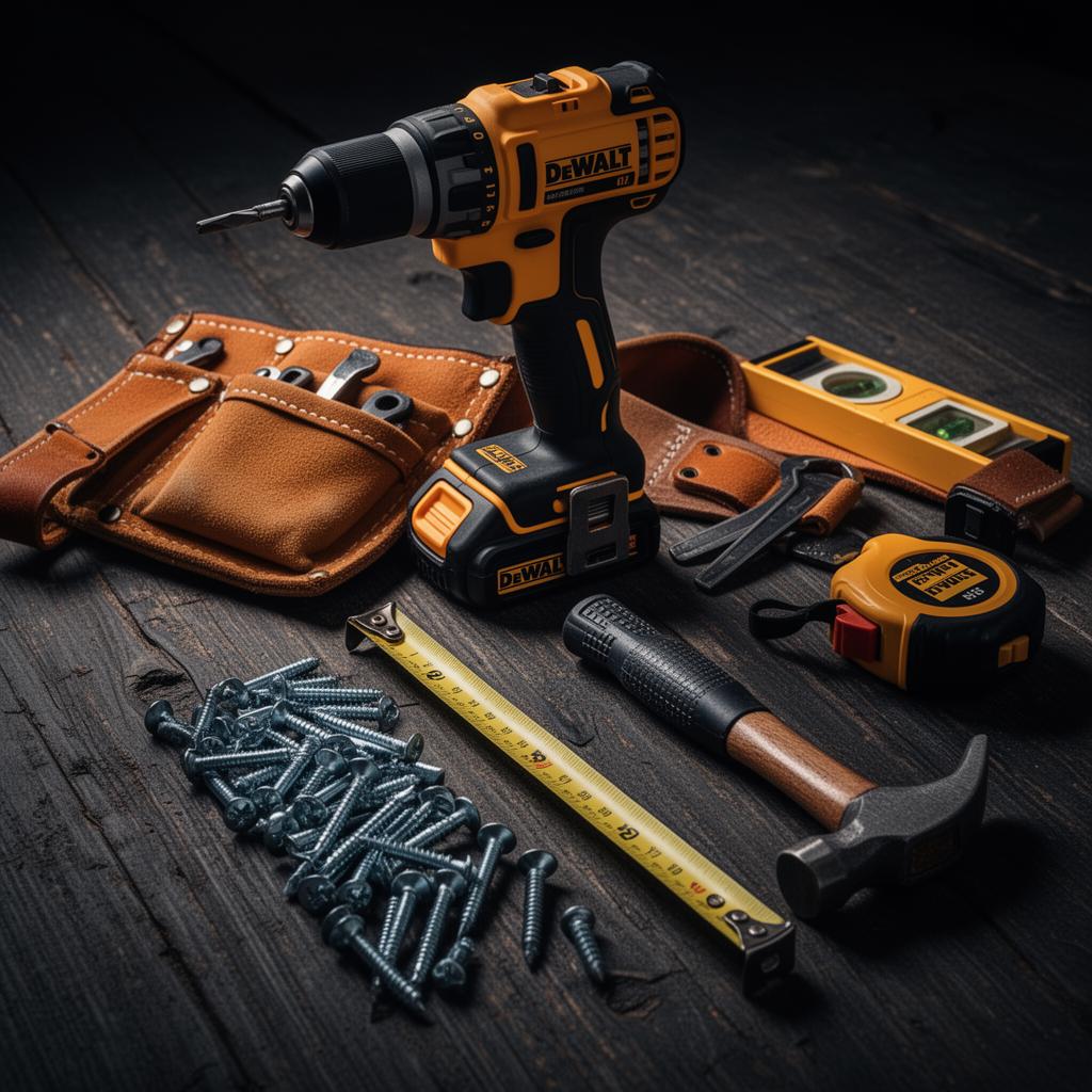 Professional handyman tools and tool belt laid out on a workbench