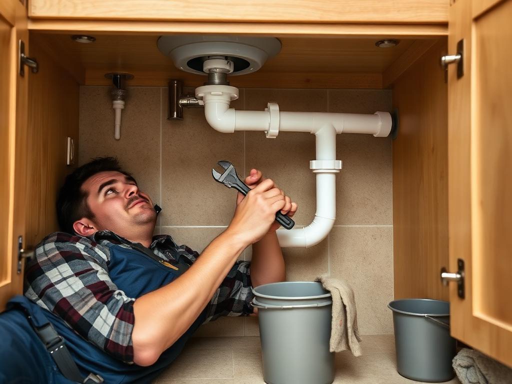 Handyman tightening a drain pipe under a kitchen sink with a wrench