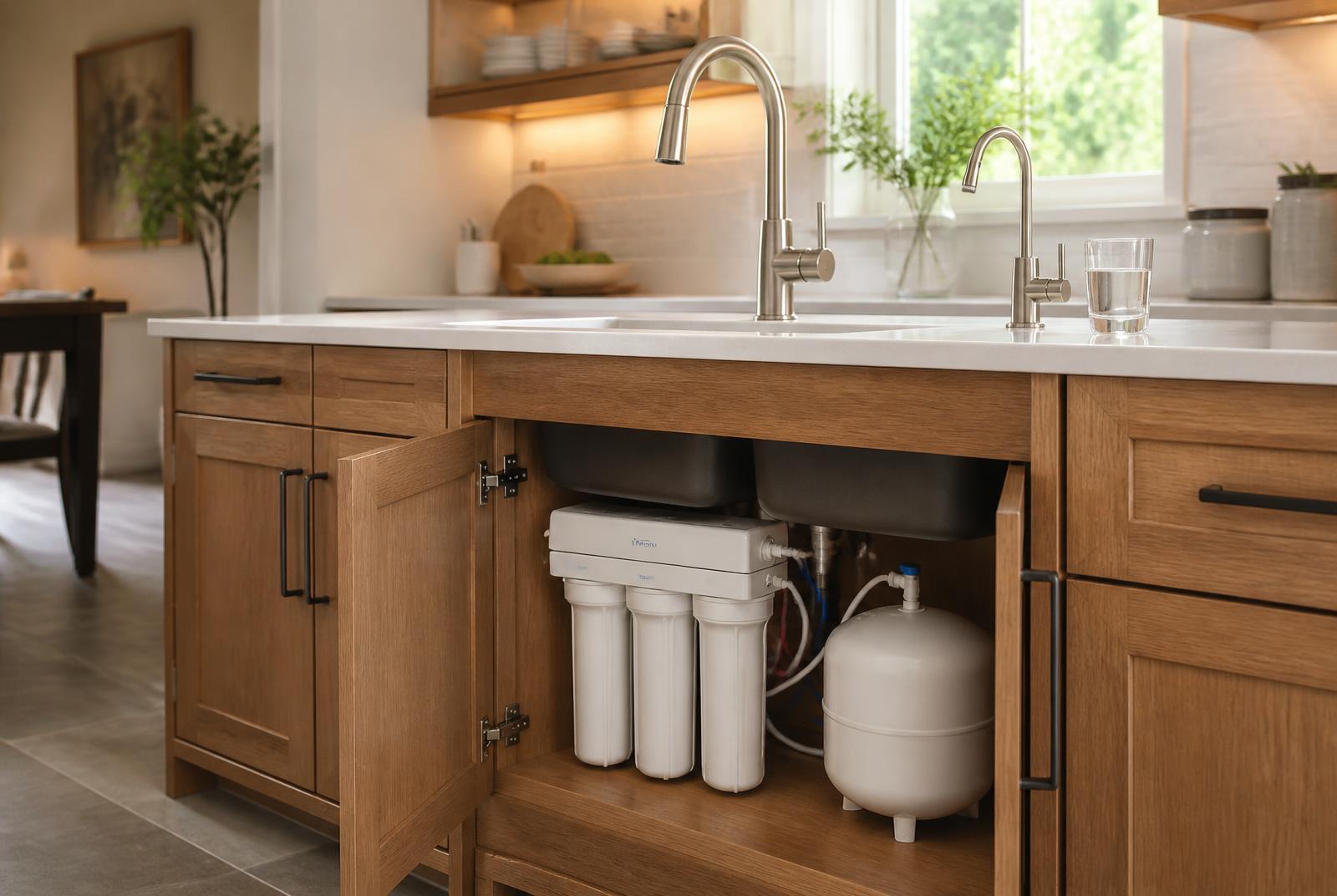 Modern kitchen sink with a dedicated filtered-water faucet and a professionally installed under-sink reverse osmosis system