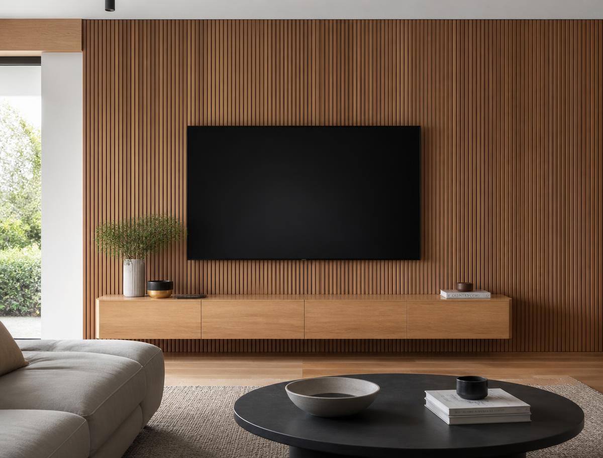 Wood slat TV accent wall in oak with a mounted television and a floating shelf